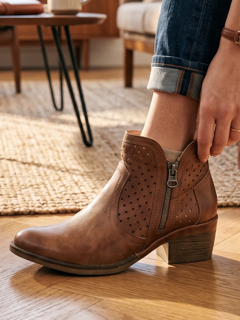 Boutique by Corkys Kia Block Heel Perforated Ankle Boots Brown Size 8